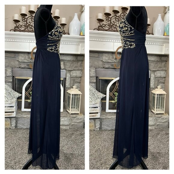 Vtg Y2K Blondie Nites Prom Dress Sz 3 Navy Blue Maxi Rhinestones Sequins Regency - Picture 5 of 8